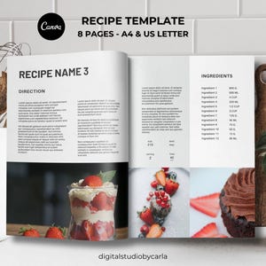Può includere: Modello di ricetta di 8 pagine, formato A4 e US Letter. Le pagine aperte mostrano una ricetta con istruzioni e ingredienti. Sono visualizzate immagini di cibo, tra cui un dessert a strati con fragole. Il logo Canva è visibile.
