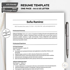 ATS Friendly Resume Template for Google Docs & Word - Editable Simple CV Design - Professional Digital Download