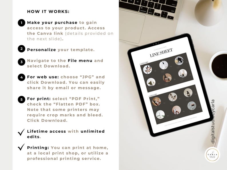 Printable PDF wholesale catalog template displayed with simple, clean product layout.