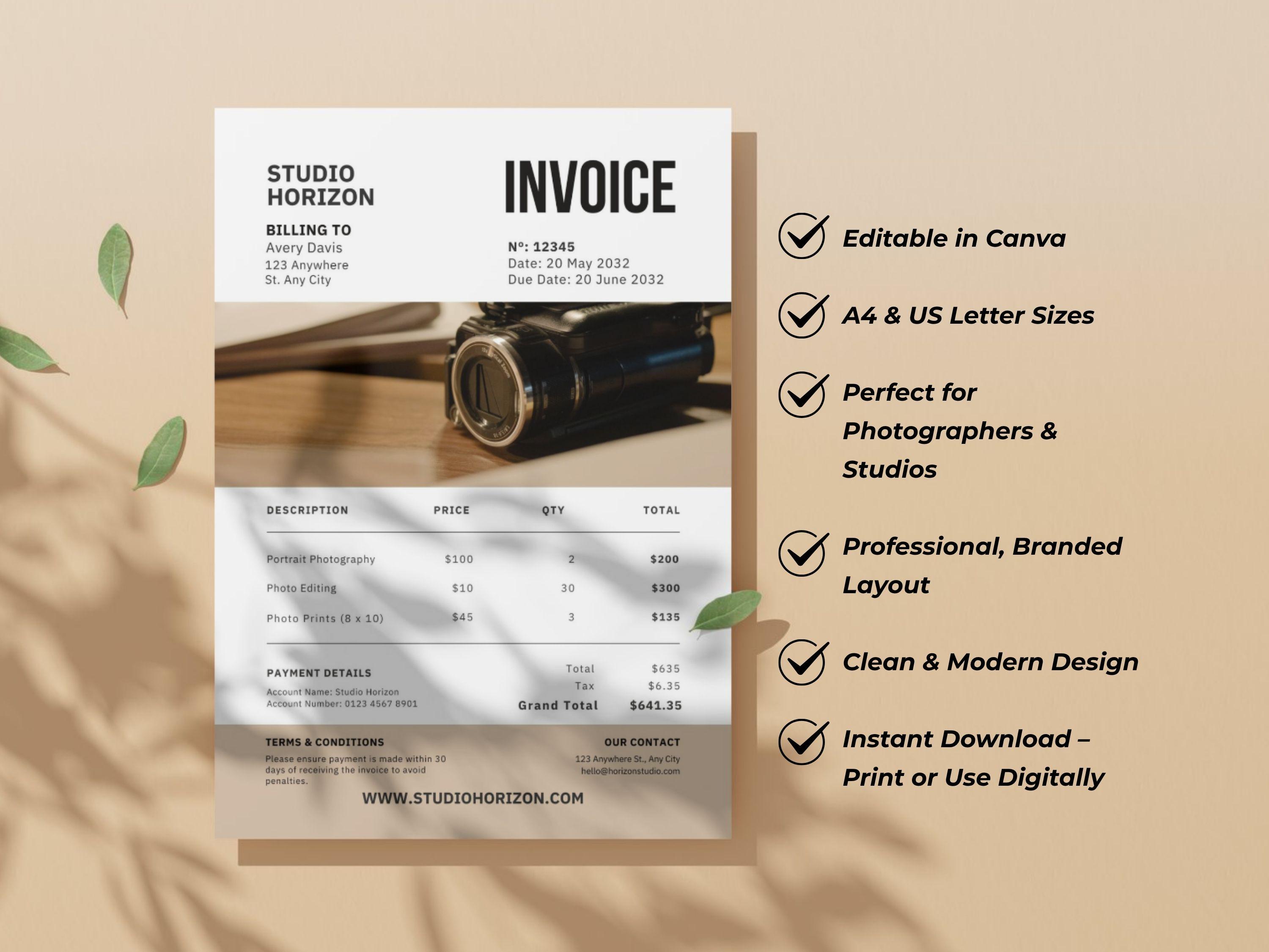Modern Invoice Template Canva With Photo | Billing Form for Photography ...