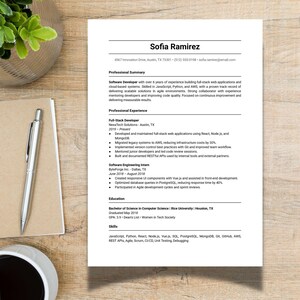 May include: A professional resume template for a software developer named Sofia Ramirez, featuring sections for professional summary, experience, education, and skills, printed on a white sheet of paper with black text and clean formatting.