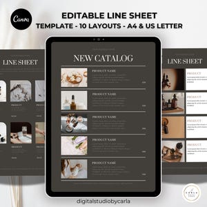 Minimalist Canva wholesale line sheet catalog template displayed with product images and pricing layout.