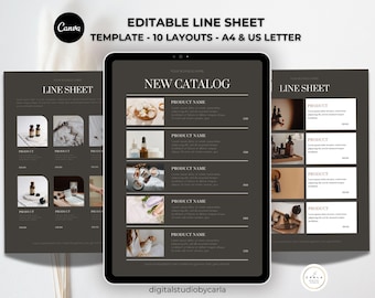 Minimalist Line Sheet Template | 10 Page Product Catalog | Black Canva Design Download