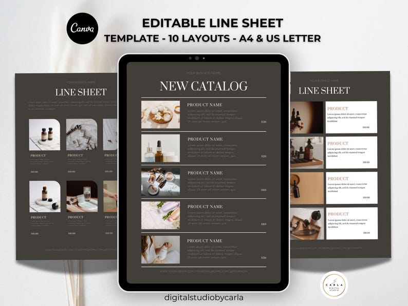 Minimalist Canva wholesale line sheet catalog template displayed with product images and pricing layout.