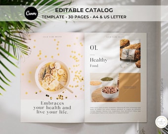 May include: A catalog template with a pink background and gold confetti. The text "Embraces your health and live your life." is on the left page. The right page has the text "01. Healthy Food" and shows a bowl of oatmeal with bananas and a bowl of beans. The text "digitalstudiobycarla" is on the right side of the image.