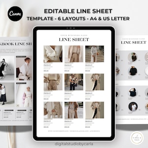 Pode incluir: Modelo digital para uma folha de linha editável com seis layouts, tamanhos A4 e US Letter. O design apresenta um tablet exibindo uma folha de linha com imagens e texto do produto e duas folhas de linha impressas.