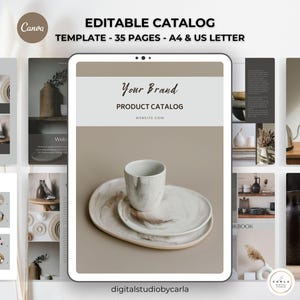 May include: A digital mockup of a product catalogue template for a pottery business. The template is designed in a minimalist style with a neutral colour palette. The cover features a close-up of a white ceramic cup and saucer with a brown and white marbled design. The text "Your Brand" and "Product Catalogue" is displayed in a simple font.