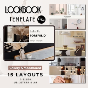 インテリアデザイン ルックブック＆ポートフォリオテンプレート | 編集可能な横長ページ15ページ | デジタルCanvaデザインダウンロード