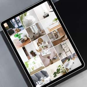 May include: A digital tablet displays a grid of interior design images. The images showcase various home decor elements, including plants, furniture, and decorative items. The tablet is on a gray surface with a black background.