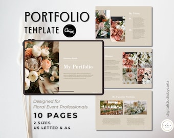 May include: A digital portfolio template for Canva featuring 10 pages in US Letter and A4 sizes. The layout includes beige backgrounds, floral photography, and text sections titled My Portfolio, My Vision, Mission, and My Favorite Portfolio.