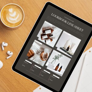 Professional product catalog layout with pricing, product descriptions, and clean minimalist grid.