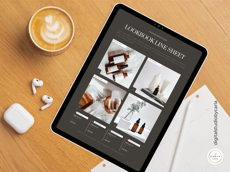 Professional product catalog layout with pricing, product descriptions, and clean minimalist grid.
