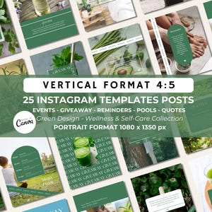 以下が含まれることがあります： 縦4:5の縦型フォーマットのInstagram投稿テンプレート25個のセットです。テンプレートは、緑色のカラーパレットで、引用、イベント、プレゼント、リマインダー、プールなど、さまざまなデザインが施されています。テンプレートはCanvaで作成されており、縦型フォーマットで1080 x 1350ピクセルです。