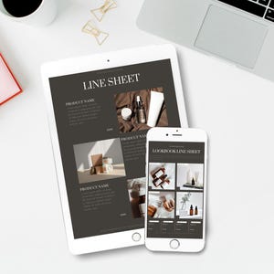 Editable product catalog and line sheet for wholesale showcased in modern black and grey design.
