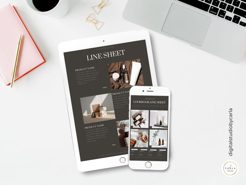 Editable product catalog and line sheet for wholesale showcased in modern black and grey design.