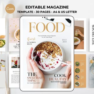 May include: A magazine cover with the word "FOOD" in gold letters on a black and white background. The cover features a bowl of granola with yogurt and berries, held by a hand. The magazine title is "Food and Healthy Lifestyle Magazine" and the subtitle is "Quick Lunchbox Ideas". The magazine is titled "The Sweetest Thing" and "Cook Healthy".