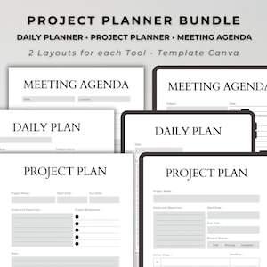 Könnte beinhalten: Ein digitales Projektplaner-Paket mit Vorlagen für Tagesplaner, Projektplan und Meeting-Agenda. Die weißen Seiten enthalten schwarze Textüberschriften und graue Eingabefelder. Der Text lautet PROJECT PLANNER BUNDLE, DAILY PLANNER, PROJECT PLANNER, MEETING AGENDA, 2 Layouts for each Tool - Template Canva.