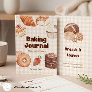 Könnte beinhalten: Ein Backjournal mit Aquarellillustrationen von Backwaren, darunter Croissants und Cupcakes. Auf dem Cover steht "Baking Journal - Made With Love". Ein zweites Journal-Cover lautet "Breads & Loaves."