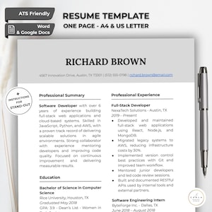 Professional ATS Resume Template for Tech Developers | One Page Google Docs & Word CV | Minimalist Design - Editable Digital Download