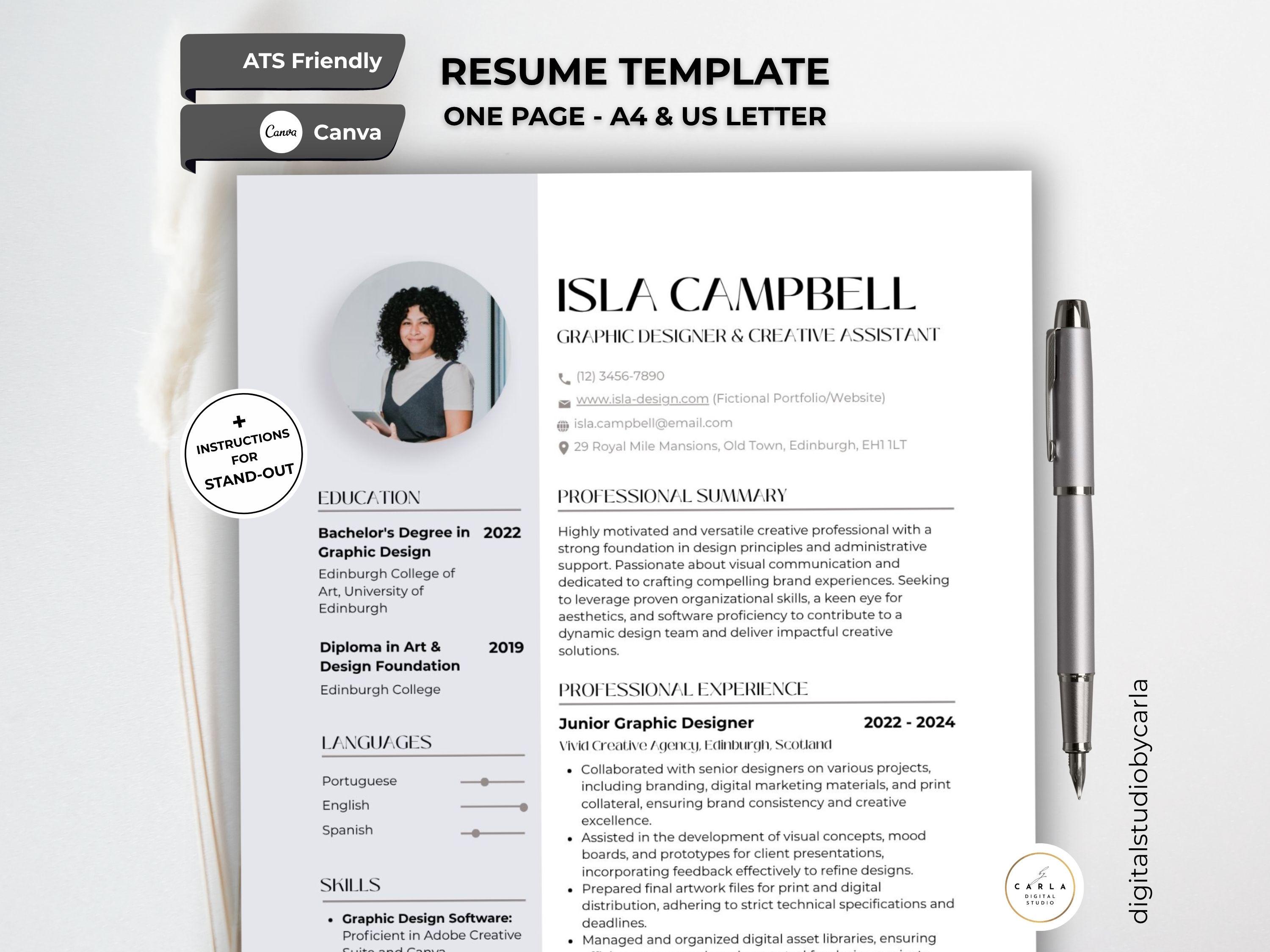 Canva Resume Template: Modern, Minimalist CV Design with foto (Digital Download)