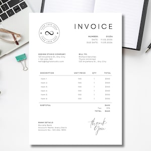 May include: A white invoice template featuring a circular logo with an infinity symbol, the word INVOICE, and fields for number 01234, dates 11.02.2026 and 11.03.2026, company details, billing information, a table with six items, subtotal, tax, total, and bank details.