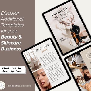 Fashion and beauty product catalog template with editable content, pricing table, and sleek layout.