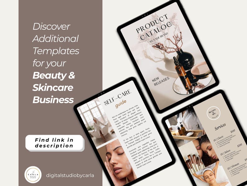 Fashion and beauty product catalog template with editable content, pricing table, and sleek layout.