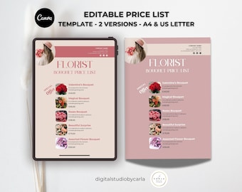 Pink Florist Price List Template - Editable Canva Digital Catalog - Wholesale Pricing Guide - Brochure & Flyer Design - Instant Download