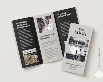 Plantilla de folleto tríptico de fotografía / Imagen de marca profesional para marketing empresarial / Descarga instantánea en Canva