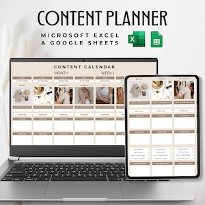 Social Media Content Calendar - Monthly Planner - Google Sheet & Excel - Digital Strategy - Instagram Youtube TikTok Facebook - Beige Design
