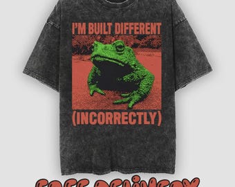 I&#39;m Built Different Frog Funny Unisex Washed T-shirt Vintage Look A4