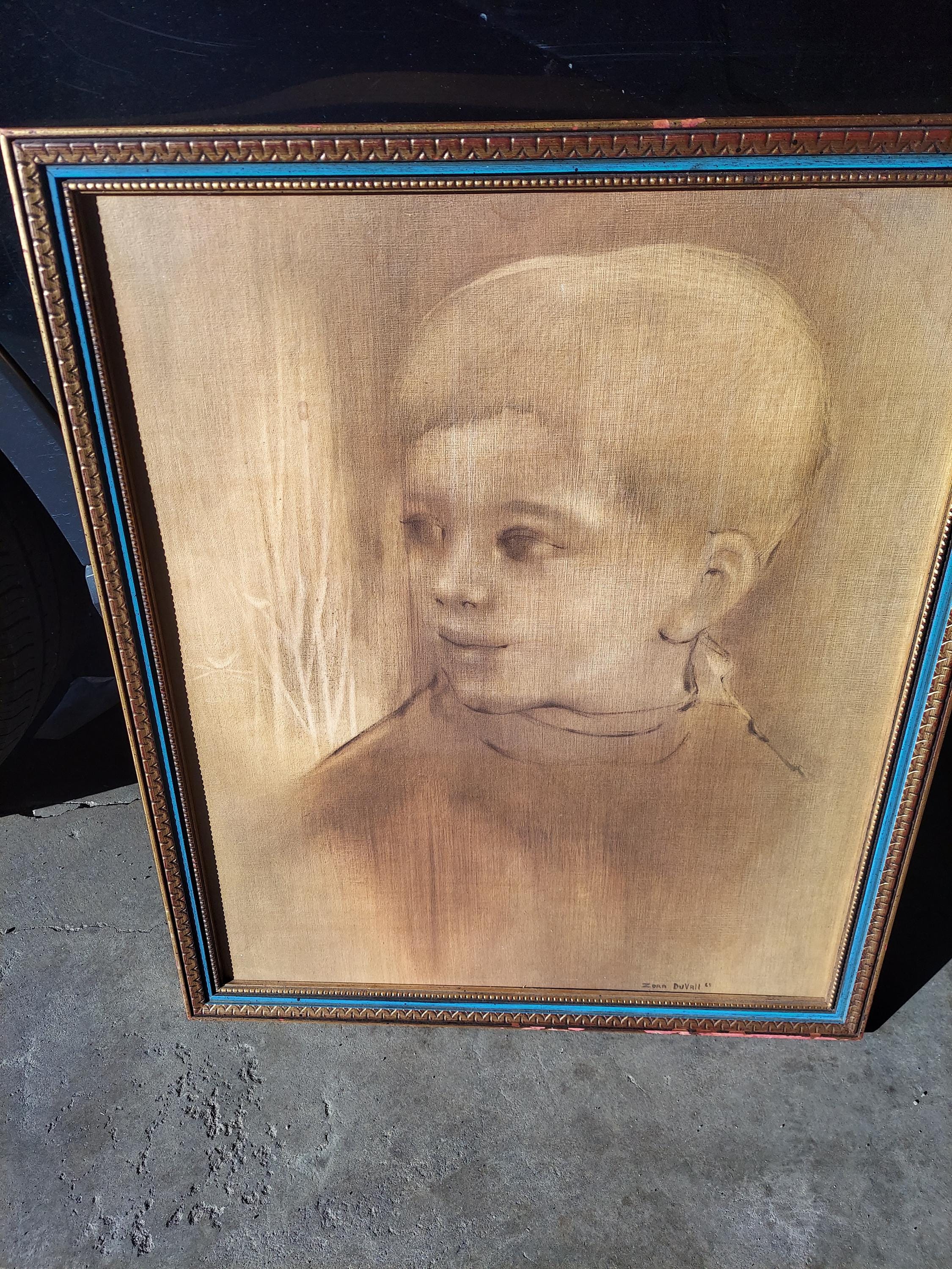 Framed Zora Duvall Print “ BOY WITH BIRDS” Vintage Art Child