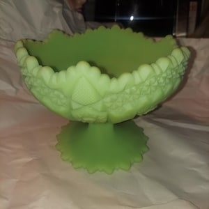 Vintage Fenton Uranium Custard Glass Hobstar Compote Dish -Green