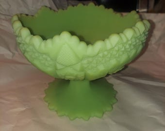 Vintage Fenton Uranium Custard Glass Hobstar Compote Dish -Green