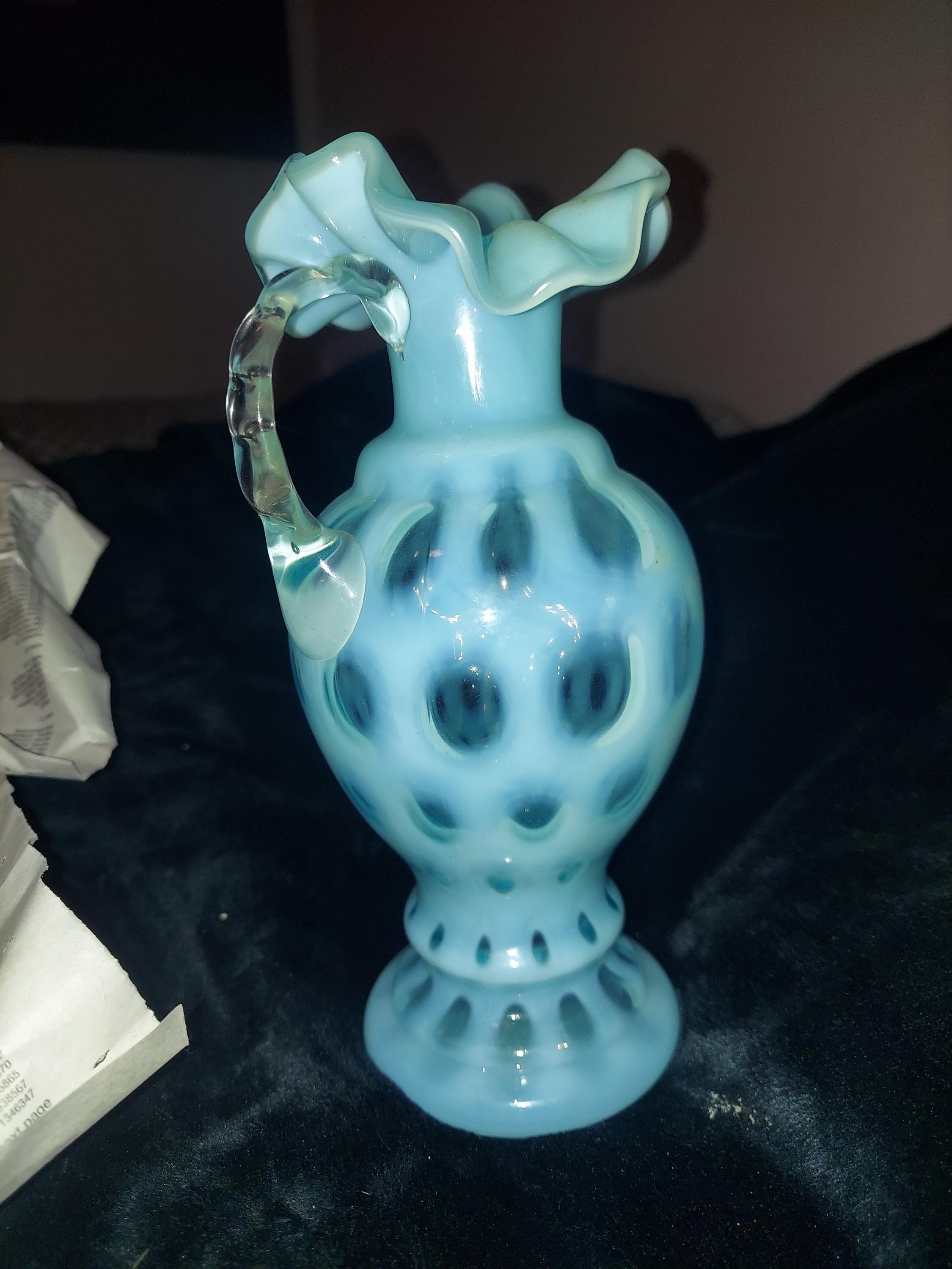 Vintage Fenton Ruffled Opalescent Blue Coin Dot Clear Handle Vase ...