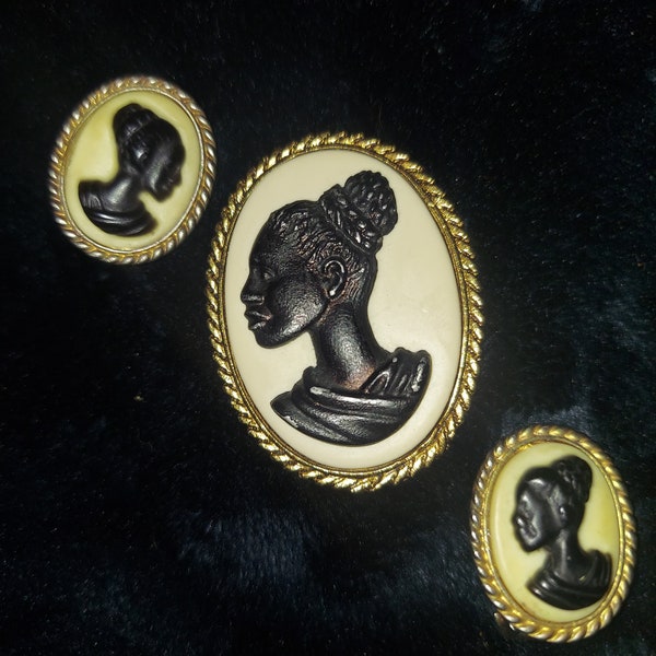 Estate Vintage African American Blackamoor/Coreen Simpson? Cameo Brooch & Earrings