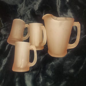 Set of 4 ~ 3 Heavy Indiana Glass Frosted Pink Satin Tiara Beer Mugs & Pitcher