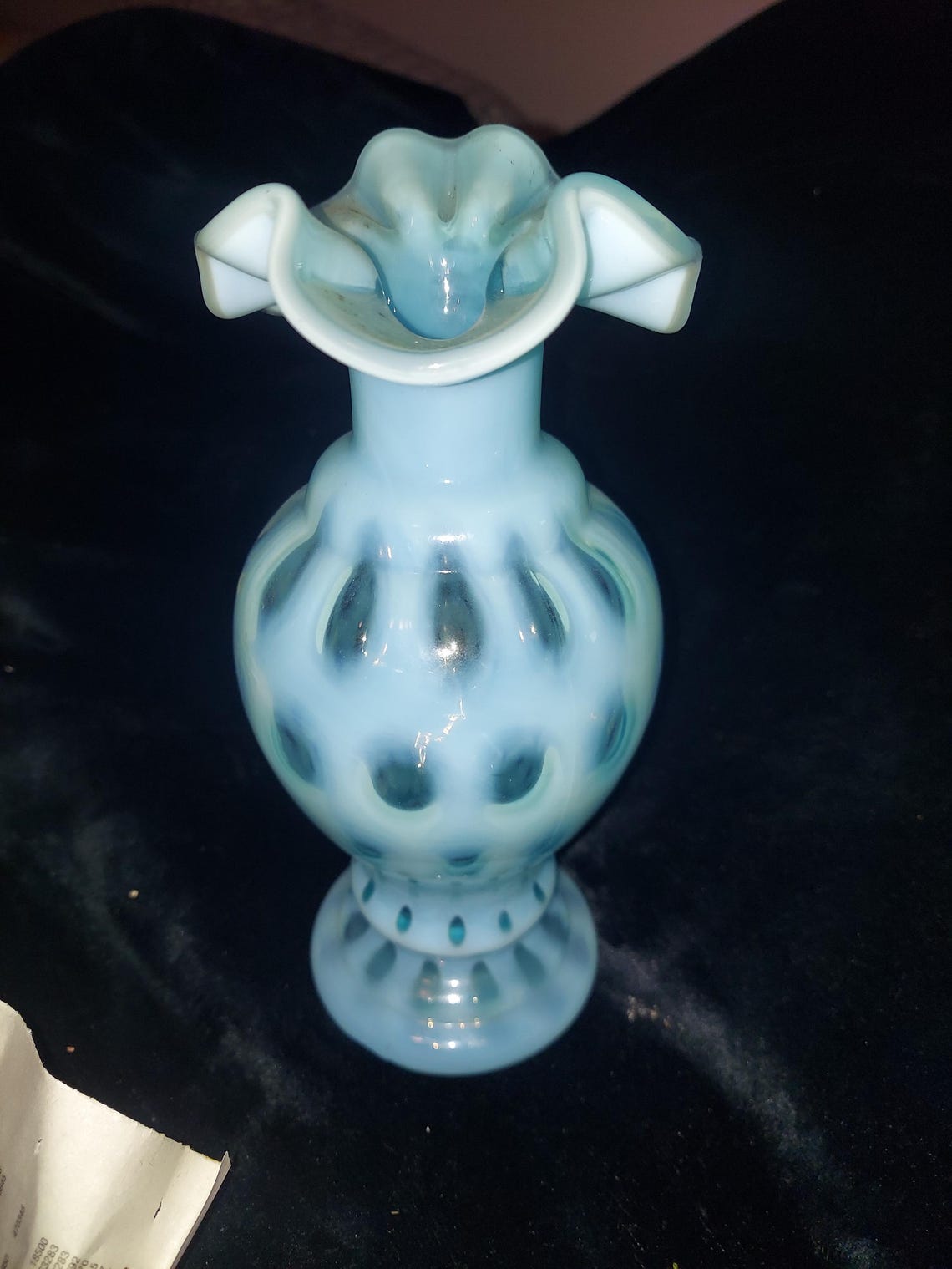 Vintage Fenton Ruffled Opalescent Blue Coin Dot Clear Handle Vase ...