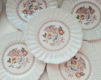 3 Pieces- available  individually sold  per piece Vintage 8.5" Royal Doulton England-Grantham-Floral Polka Dot Fluted Plates