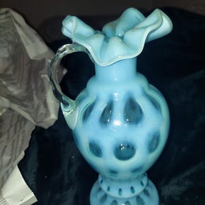 Vintage Fenton Ruffled Opalescent Blue Coin Dot Clear Handle Vase ...