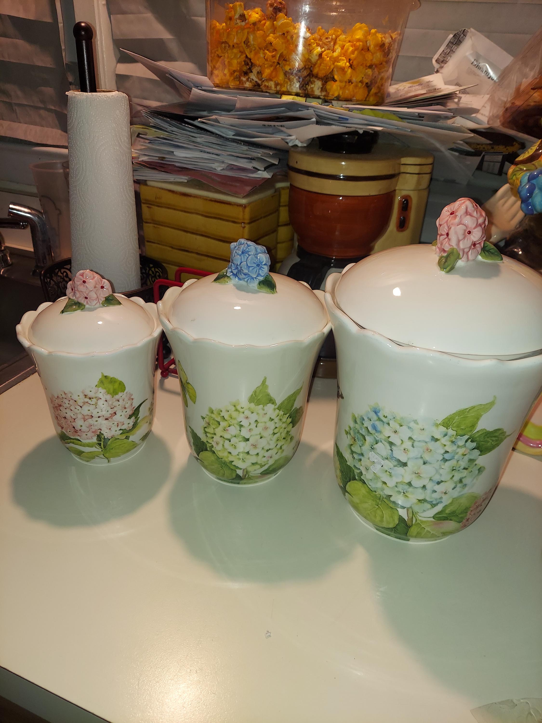 Set of 3 Cracker Barrel Hydrangea Canister/jars With Floral Tops