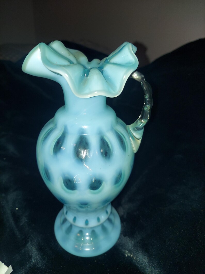 Vintage Fenton Ruffled Opalescent Blue Coin Dot Clear Handle Vase ...
