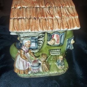 The Old Woman Who Lived in a Shoe 1960s Japan Ceramic Cookie Jar, Children’s Mother Goose Fairytale Nursery Rhyme Ceramic Box