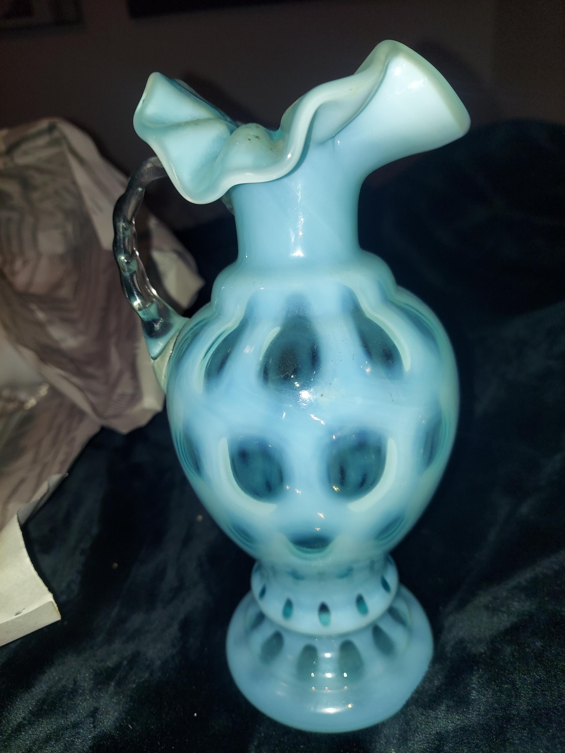 Vintage Fenton Ruffled Opalescent Blue Coin Dot Clear Handle Vase ...