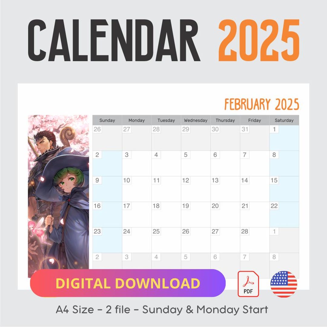 Calendar Berserk 2025 Digital Calendar Printable Monthly Planner PDF A4