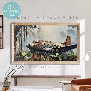 May include: A vintage airplane, partially rusted, sits in a jungle setting. The plane is surrounded by lush green foliage and palm trees. The sky is a hazy blue with clouds.