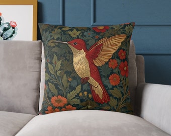 Hermoso colibrí estilo William Morris / cojín colibrí / almohada cuadrada de lona polivinílica