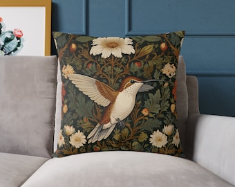 Precioso colibrí estilo William Morris / cojín colibrí / almohada cuadrada de lona polivinílica