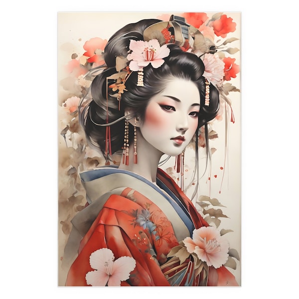 Beautiful Geisha Girl | Japanese Geisha Poster | Stunning Geisha Watercolor | Indoor and Outdoor Silk Posters