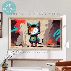 Pop Art Space Kitty | Bilderrahmen TV Art | Premium-Qualität | Digitaler Download | Druckbar | Vintage Karikatur | TV2433 | 8K Druckbare Datei